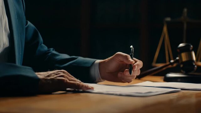 Medium shot of a prosecutor reviewing AIgenerated case data to ensure fairness and eliminate bias in legal decisions