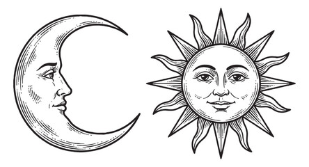 Personified celestial sun and crescent moon with human faces vintage astronomical engraving style. © trianatio
