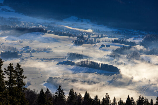 Foggy autumn morning in rural Salzkammergut landscape Austria