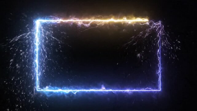 Vibrant neon glowing electric frame with crackling intense energy and lightning bolts against a dark black background, abstract digital vector illustration for futuristic motion design.