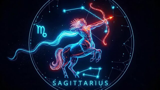 Digital illustration of Sagittarius zodiac sign as a centaur archer for astrology and horoscope graphic. Futuristic spiritual concept.