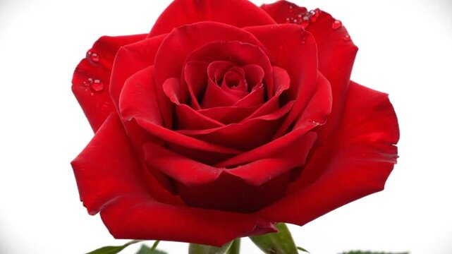 Stunning red rose with water droplets on petals and green leaves