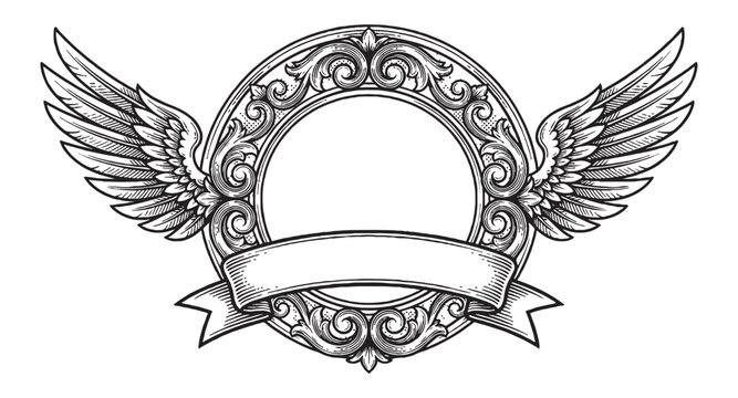 Circular ornamental baroque frame with outstretched wings and empty ribbon banner vintage engraving style.
