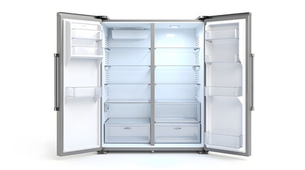An open, modern stainless steel refrigerator showcasing its spacious, well-organized interior.