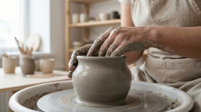 Studio potter shaping wet clay on a spinning pottery wheel with mud covered hands and a turning vase visible. Artisan hands forming a round ceramic vase in a sunlit ceramics workshop with shelves