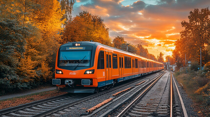Electric train glides through autumn scenery