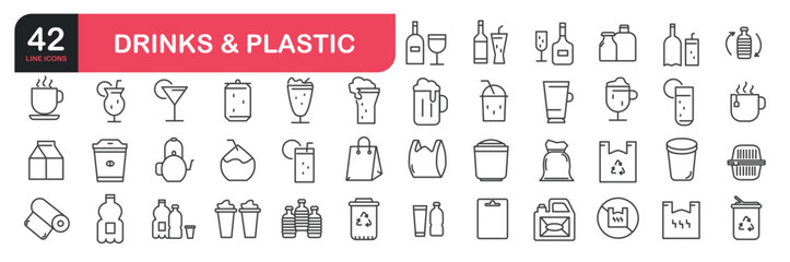 Set of line icons related to package, bottle, cup, products, food packing, container, wrapping, waste, polyethylene, cutlery, disposable, straw. Outline icons collection. Editable stroke. Vector illus