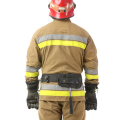 Fototapeta premium Male firefighter on white background, back view
