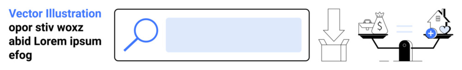 Obraz premium Economics, online searches, financial balance, decision-making, business costs, housing expenses. Magnifying glass, arrow scale with money and house icons. Economics and online searches concept