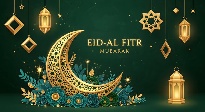 A beautiful golden crescent moon with intricate patterns, surrounded by hanging lanterns and floral decorations, on a dark green background, with "EID-AL FITR MUBARAK" text.