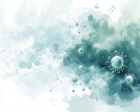 Gentle watercolor background with microscopic bacteria in liquid for artistic scientific presentation