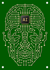Vector Illustration of Human head formed with electronic circuit lines and AI chip symbolizing artificial intelligence, neural networks, digital technology, ai, circuit, brain, technology, digital