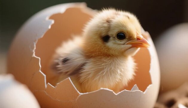 Baby chick hatching from eggshell in a natural setting  