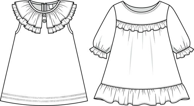 Fashionable Girls' Dress Designs Illustration: A Line Silhouette with Ruffle Details for Spring/Summer Season, Ideal for Fashion Design, Textile Prints, and Apparel Mockups