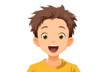 Cartoon of a smiling boy with brown hair and cheerful expression