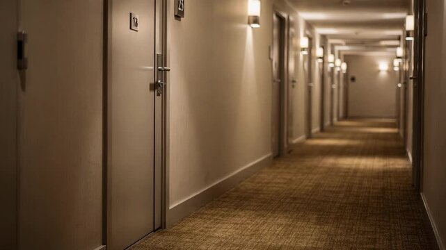Quiet empty corridor with room doors and wall lights in a modern hotel or apartment building. Cinematic perspective with shallow depth of field.
