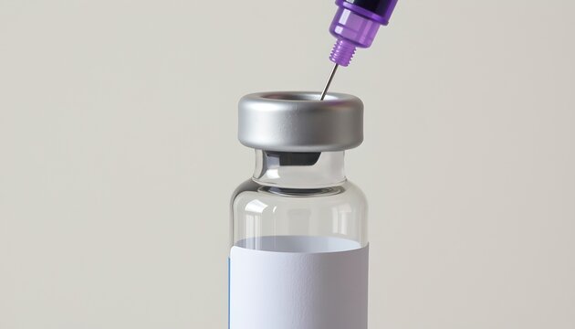 Close-up of syringe needle inserting into vaccine vial for injection preparation.