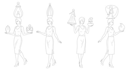 Woman balancing objects on head, vintage illustration, fashion, art, beauty