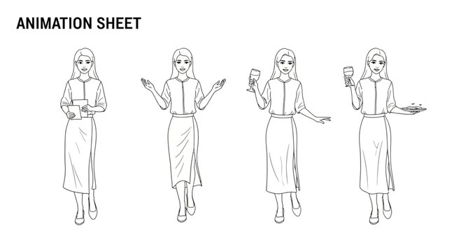 Woman Animation Character Sheet: Poses with Book, Gesturing, Holding Wine Glass, Serving Tray