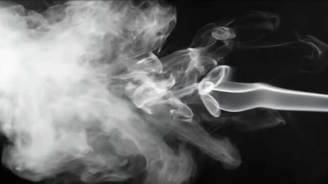 Smoke trails form with varying motion densities concept. Thick white smoke swirling in dark background abstract vapor cloud motion