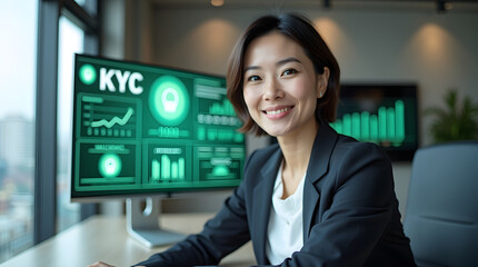 Fototapeta premium Smiling Asian woman in a business suit, showcasing KYC data on screens in a modern office setting.