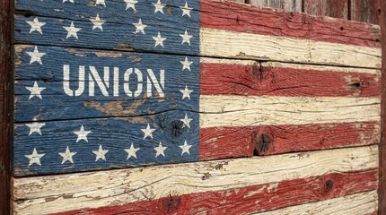 Obraz premium Rustic wooden American flag with “UNION” text on blue field.