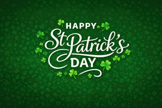 Elegant white happy st patricks day calligraphy over dark green pattern of small shamrocks