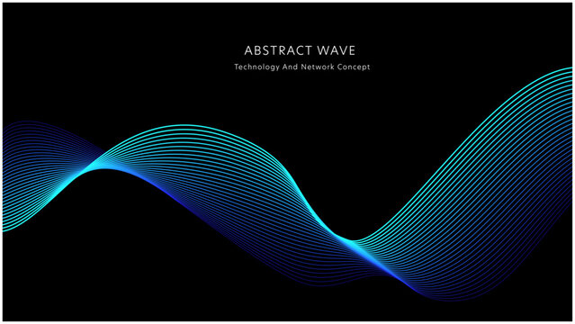 Abstract blue flowing lines wave on black background, futuristic digital network and technology concept backdrop.黒い背景に青い流線の抽象的なウェーブ、未来的なデジタルネットワークとテクノロジーコンセプト