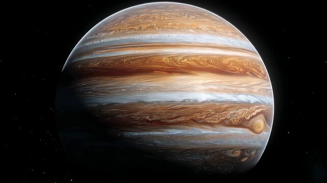 Vibrant Gas Giant Planet with Swirling Bands of Orange and White Against a Black Cosmic Background in Deep Space