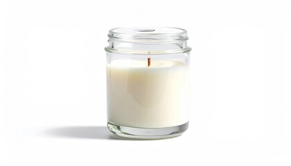 Candle in clear jar, simple, bright, with soft shadow