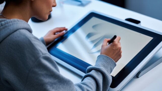 Creative professional drawing on a graphic tablet with stylus, focused on digital illustration. Ideal for design, tech, education, or creative workflow concepts.