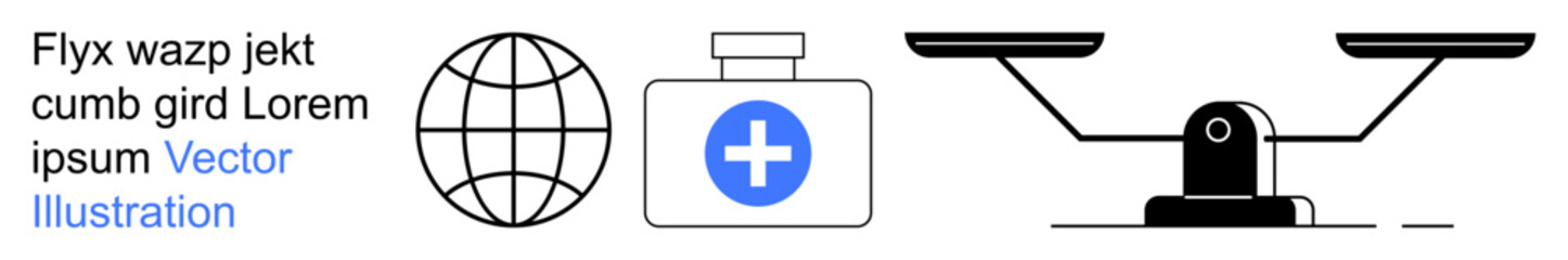 Obraz premium Healthcare, global connectivity, justice, medical services, equality, decision-making. A globe, medical container with cross and scales . Healthcare and global connectivity concept