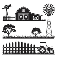 Black and white farm scene with tractor and windmill © Jibon