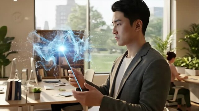 Young Asian Businessman Using Futuristic Holographic Tablet