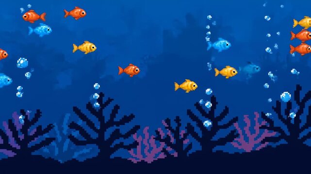 Colorful 8 bit pixel art fish swim in a vibrant blue underwater scene with coral and rising bubbles.