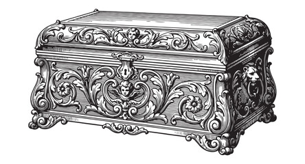 ornate wooden treasure chest with lion head carving and floral filigree baroque style engraving. © trianatio