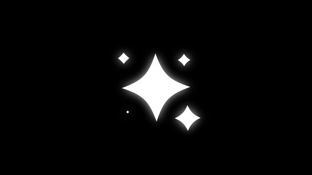 Sparkling twinkle star animation with glowing light burst and blinking white stars, 4k motion loop on black screen background, perfect for cosmic overlays, retro vector shine, and VFX effects