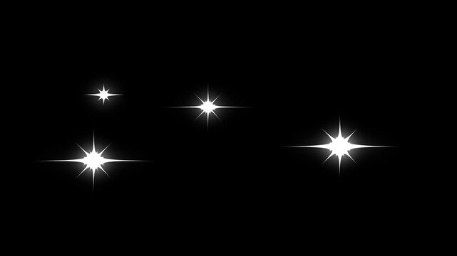 Shining stars, sparkle twinkle light, blinking flat style white cartoon stars on black screen transparent video in 4K