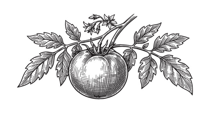 tomato on a branch with detailed serrated leaves and small blossoms vintage botanical engraving style