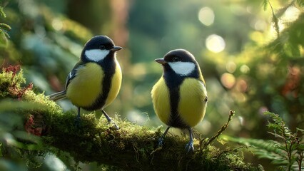 Fototapeta premium Two great tits perched on mossy branch in forest