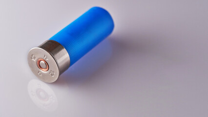 12-gauge shotgun shell with a blue plastic casing © Alex