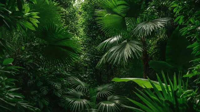 Dense tropical jungle with lush greenery and exotic plants
