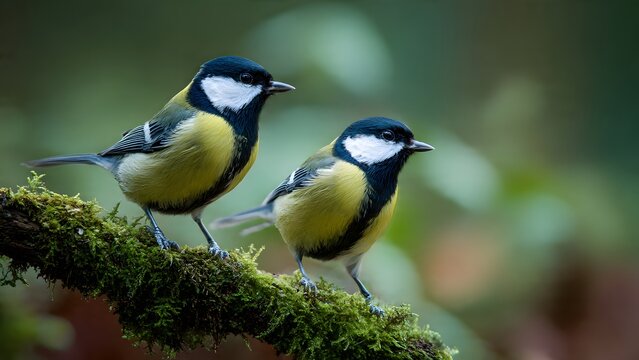 Two adorable great tit birds perched on mossy branch in forest