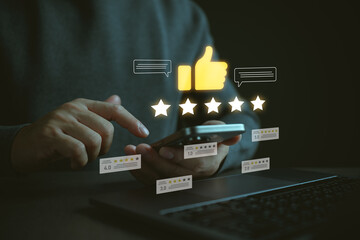 Customer satisfaction rating concept with five star review and thumbs up icon above smartphone,...