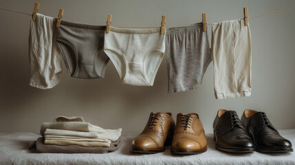 A pair of shoes and a pair of underwear are hanging on a clothesline