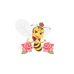 Naklejka premium Cute Cartoon Queen Bee Wearing a Golden Crown and Royal Cape Sitting Between Two Pink Roses Isolated on White Background