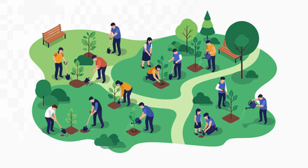 People planting trees in a park with trees and paths.
