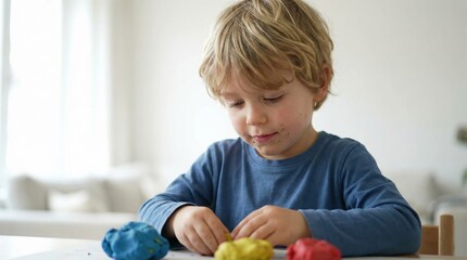 Fototapeta premium Child molding playdough at table