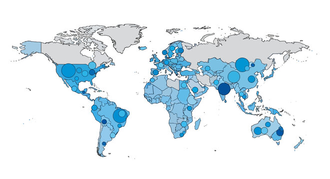 Global data visualization shows country statistics with dynamic blue circles representing varying data points across continents, ideal for business reports and research presentations.