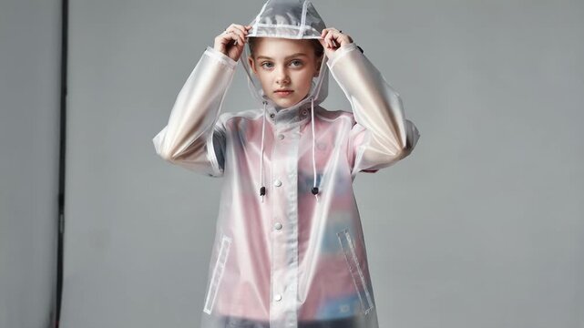 Translucent girls raincoat hood medium shot emphasizing semitransparent material subtle seam taping and flexible drawcords creating a modern lightweight rainwear look.